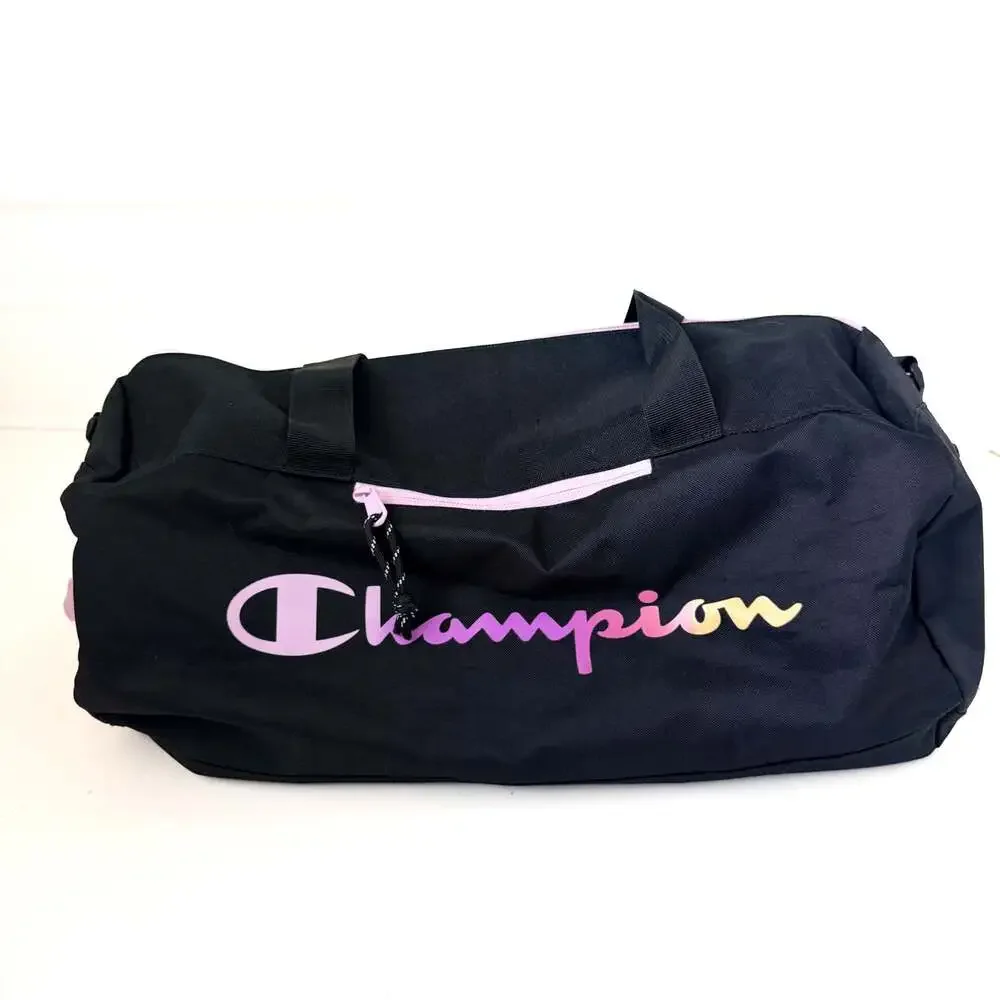 Champion Rainbow Gradient Logo Black Duffle Gym Bag with Pink Trim